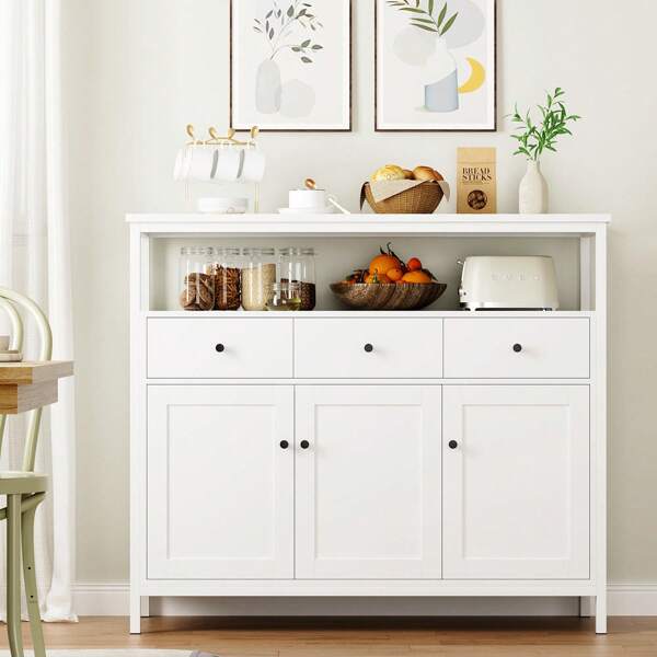 Furchen Aparador Cocina, Aparador Salon, Aparador Entrada, Mueble Cocina, Mueble Cocina Almacenaje, para Comedor, Salón, Cocina con 3 cajones y 3 puertas, estantes regulables, blanco, 108 x 38 x 98,5 cm