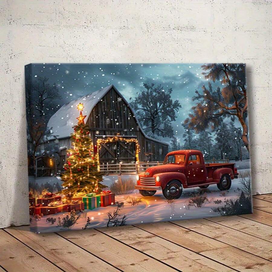 1pc Christmas Vintage Red Truck Canvas Art Printed Poster With Frame - Christmas Tree Gift Printed Canvas Poster - High Definition Modern Home Decoration For Living Room, Bedroom, Office - Blue - View 1