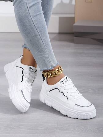 New Women White Shoes, British Style Lace-Up Leather Sneakers, Round Toe Low-Top Thick-Soled Slip-Resistant Casual Retro Chunky Sneakers For Students