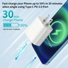 USB-C Wall Charger With Cable, Dual-Port IP Phone Charger 20W PD+OC3.0 Power Adapter, Fast Charging Plug And Cable. - Purple - View 3