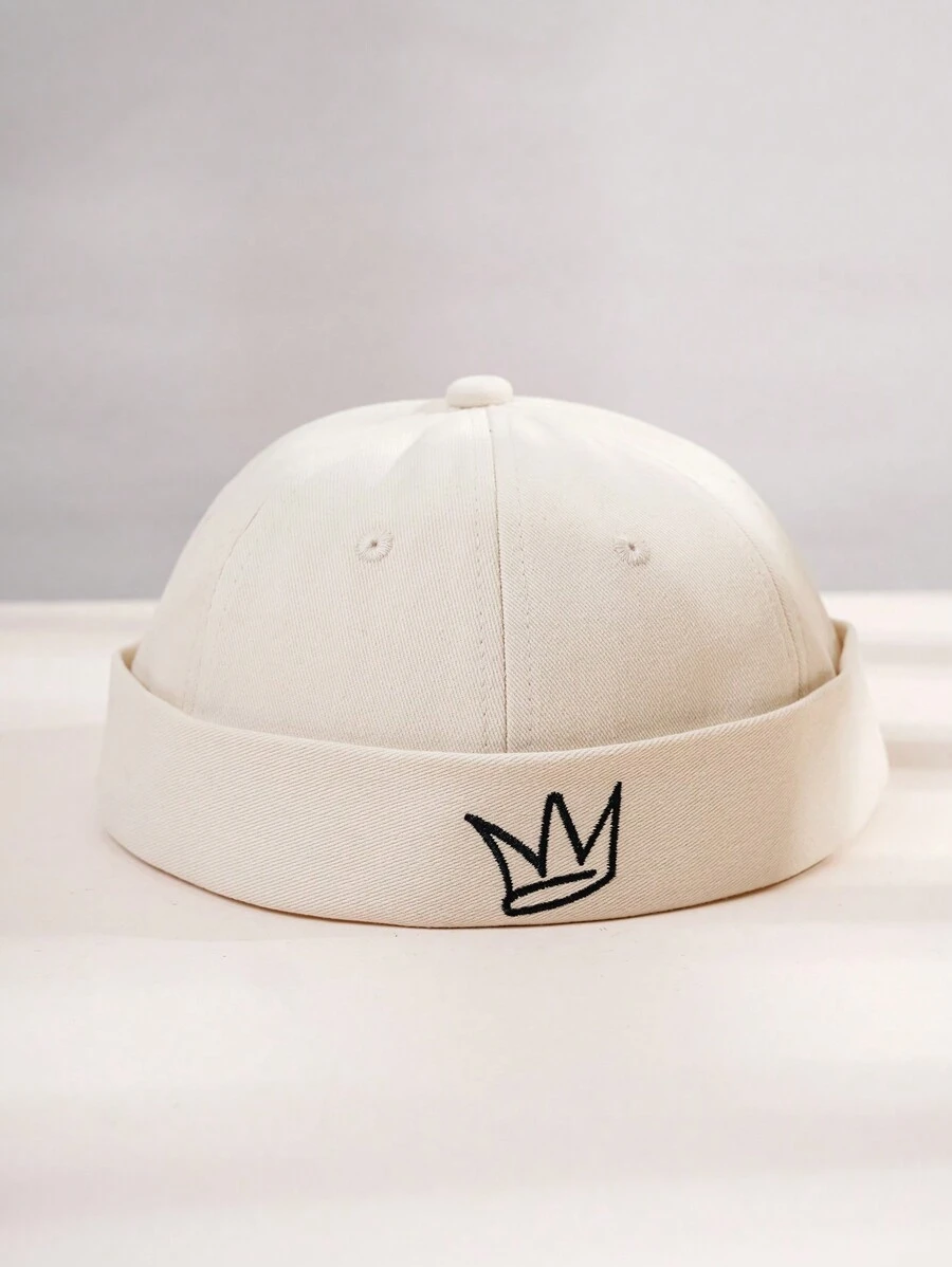 1 件男士刺绣皇冠图案报童帽，男女通用休闲街头平顶帽，秋季春季万圣节 - 米色 - 查看 1