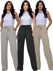 Kit 3 Women's Linen Wide Leg Trousers With Pocket And Drawstring - Gray, Black and Sand - View 2