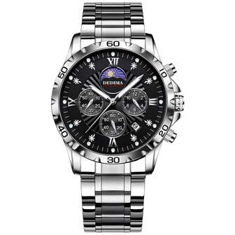 Premium Men's Multi-Function Wristwatch With Day-Date-Moon Phase Display, Luminous, Solid Stainless Steel Band, Butterfly Buckle, Sports Style