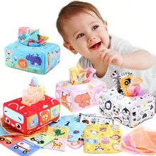 1 套婴儿蒙特梭利软纸巾盒玩具感官学习布玩具多功能彩色纸巾盒玩具适合婴儿，圣诞节