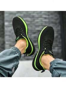 Autumn Teenager Campus Sports Shoes, Men's Fashion Casual Sports Shoes, Men's Breathable Mesh Colored Striped Lace-Up Rounded Toe Fitness Sneakers, Men's Breathable Lightweight Non-Slip Sports Shoes In Summer, 2024 New Fashion Versatile Casual Shoes With Odor-Resistant Mesh - 綠色 - 查看 5