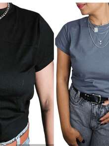 Kit 2 Women's T-Shirts Short Sleeve Crew Neck 100% Cotton - 黑色 - 查看 1