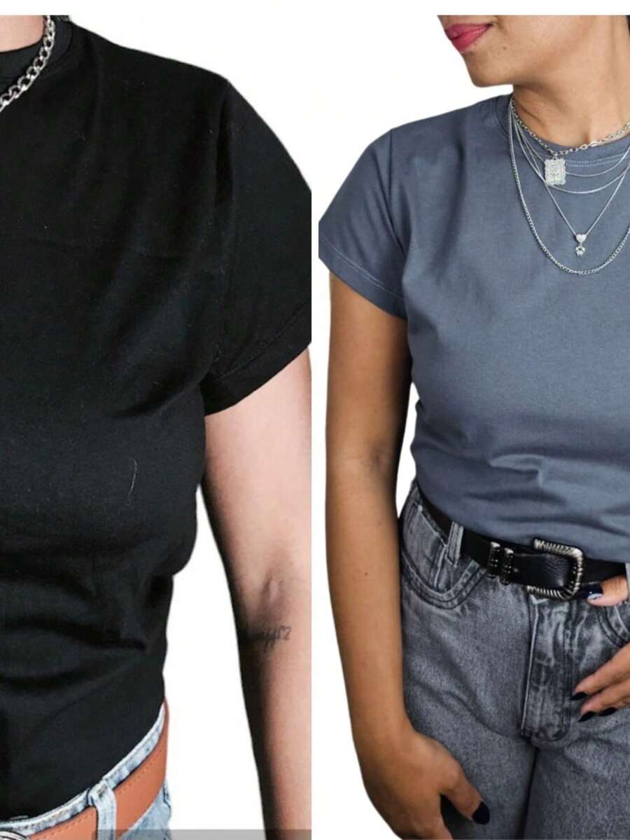 Kit 2 Women's T-Shirts Short Sleeve Crew Neck 100% Cotton - 黑色 - 查看 1