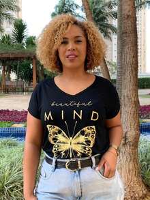 Plus Size Butterfly Print T-Shirt V-Neck GG G1 G2 G3, Lightweight Fabric, Great Fit And Comfort, Women's Blouse - màu đen - Xem 5