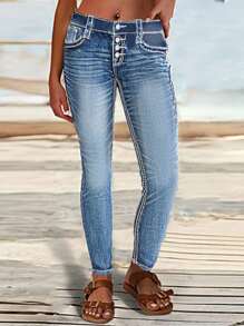 Women's Torn Detail Stitching Washed High Elasticity Mid Waist Tight Jeans, Suitable For Daily Wear In Women's Jeans And Clothing