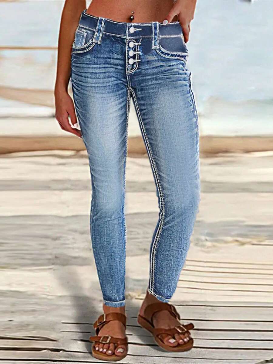 Women's Torn Detail Stitching Washed High Elasticity Mid Waist Tight Jeans, Suitable For Daily Wear In Women's Jeans And Clothing
