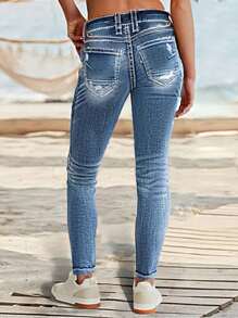 Women's Torn Detail Stitching Washed High Elasticity Mid Waist Tight Jeans, Suitable For Daily Wear In Women's Jeans And Clothing