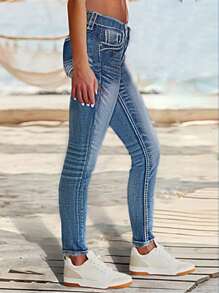 Women's Torn Detail Stitching Washed High Elasticity Mid Waist Tight Jeans, Suitable For Daily Wear In Women's Jeans And Clothing