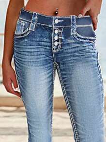 Women's Torn Detail Stitching Washed High Elasticity Mid Waist Tight Jeans, Suitable For Daily Wear In Women's Jeans And Clothing