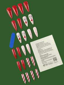 4 包（96 件）圣诞渐变粉色按压指甲，混合几何条纹雪花小鹿星形指甲，带花朵闪亮闪光设计长杏仁和棺材胶指甲套装，带粘性标签指甲锉，适合女士 - Follow Your Heart - 查看 2