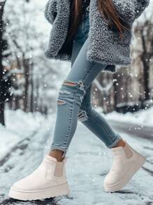 2025 Women's Ankle Boots, New Autumn/Winter Plush Lining Thick Slip-On Elastic Thick Bottom Snow Boots, Warm Boots, Short Boots, Platform Increase Height, Suede Short Tube Bread Shoes, Fashion Round Toe Simple Wear-Resistant Anti-Slip Plus Size - Beige - View 4