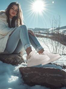 2025 Women's Ankle Boots, New Autumn/Winter Plush Lining Thick Slip-On Elastic Thick Bottom Snow Boots, Warm Boots, Short Boots, Platform Increase Height, Suede Short Tube Bread Shoes, Fashion Round Toe Simple Wear-Resistant Anti-Slip Plus Size - Beige - View 3