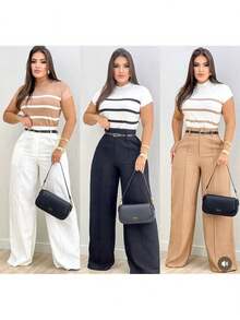 Women's Tailored Wide Leg Trousers With S/XL Rim - 淺粉色 - 查看 5