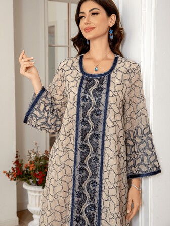 女士化装舞会长袍，轻盈奢华时尚优雅亮片刺绣透视圆领 Jalabiya 长袍，端庄