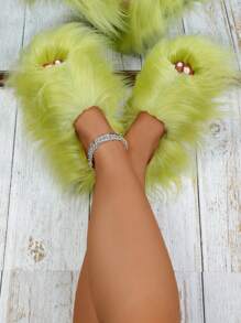 Dép bông mềm mại mùa thu/đông mới, dép bông mềm mại Y2K cho nữ - màu xanh lá - Xem 2