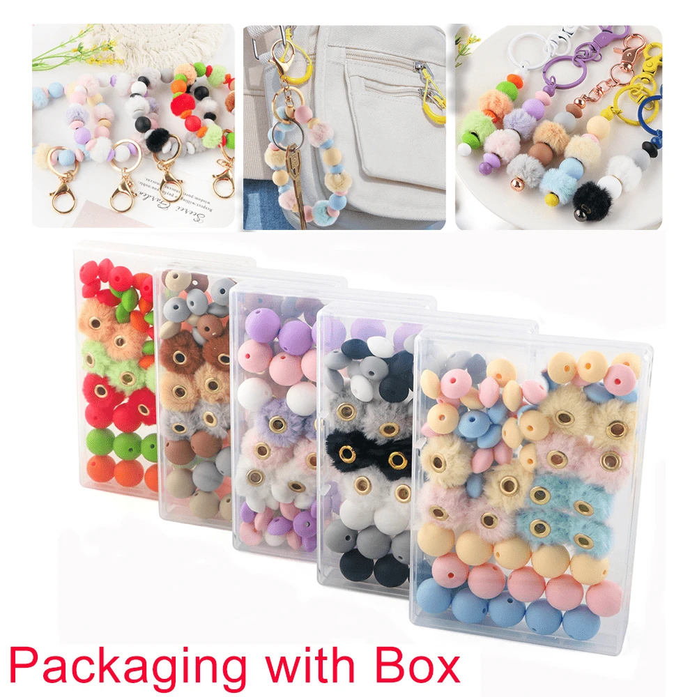 全新57pcs/箱毛絨覆蓋的球形小圓鏤空珠子套裝包，適用於首飾手工製作DIY毛球吊墜項鍊耳環