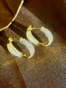 Women's Hoop Earrings, Oval Drop Shape, Studded With Zirconia Stone, 18k Gold Plated And 925 Silver - 金色 - 查看 2