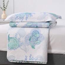 3Pcs Summer Beach Bedspreads Set King Queen Twin Size Lightweight Coastal Ocean Theme Quilts Seashell Conch Coverlet Sets Starfish Seahorse Seaweed Printed Bedding Pillow Shams - 藍色 綠色 白色 - 查看 6