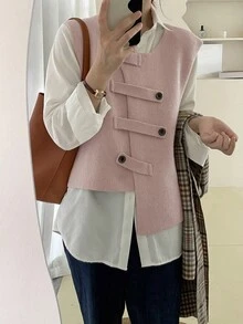 Alicedudu 女款秋冬不对称设计纽扣环简约毛衣背心 - 粉色 - 查看 5