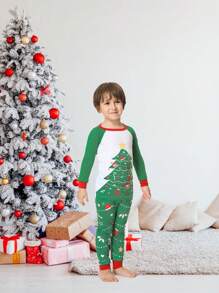2pcs/Set Young Boy Christmas Family Matching Snug Fit Pajamas, Christmas Tree Print Long Sleeve Top And Pants, Cozy Holiday Loungewear Set - Green - View 5