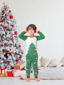 2pcs/Set Young Boy Christmas Family Matching Snug Fit Pajamas, Christmas Tree Print Long Sleeve Top And Pants, Cozy Holiday Loungewear Set - Green - View 6