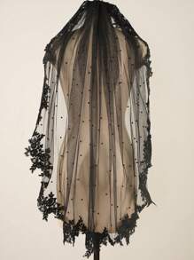 1 件短款珍珠亮片黑色蕾丝婚礼新娘面纱带金属梳子适合万圣节角色扮演舞会派对秋季服装女士