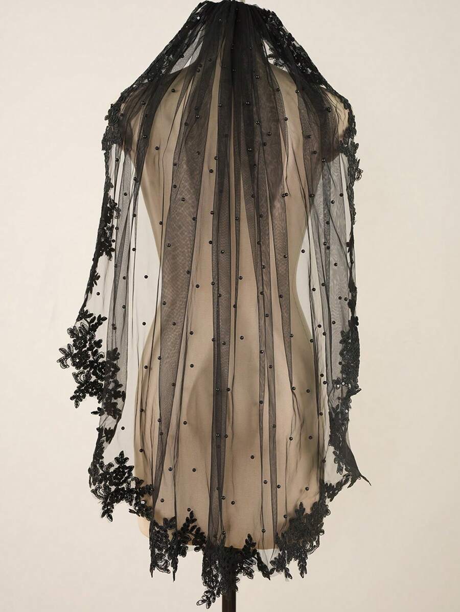 1 件短款珍珠亮片黑色蕾丝婚礼新娘面纱带金属梳子适合万圣节角色扮演舞会派对秋季服装女士