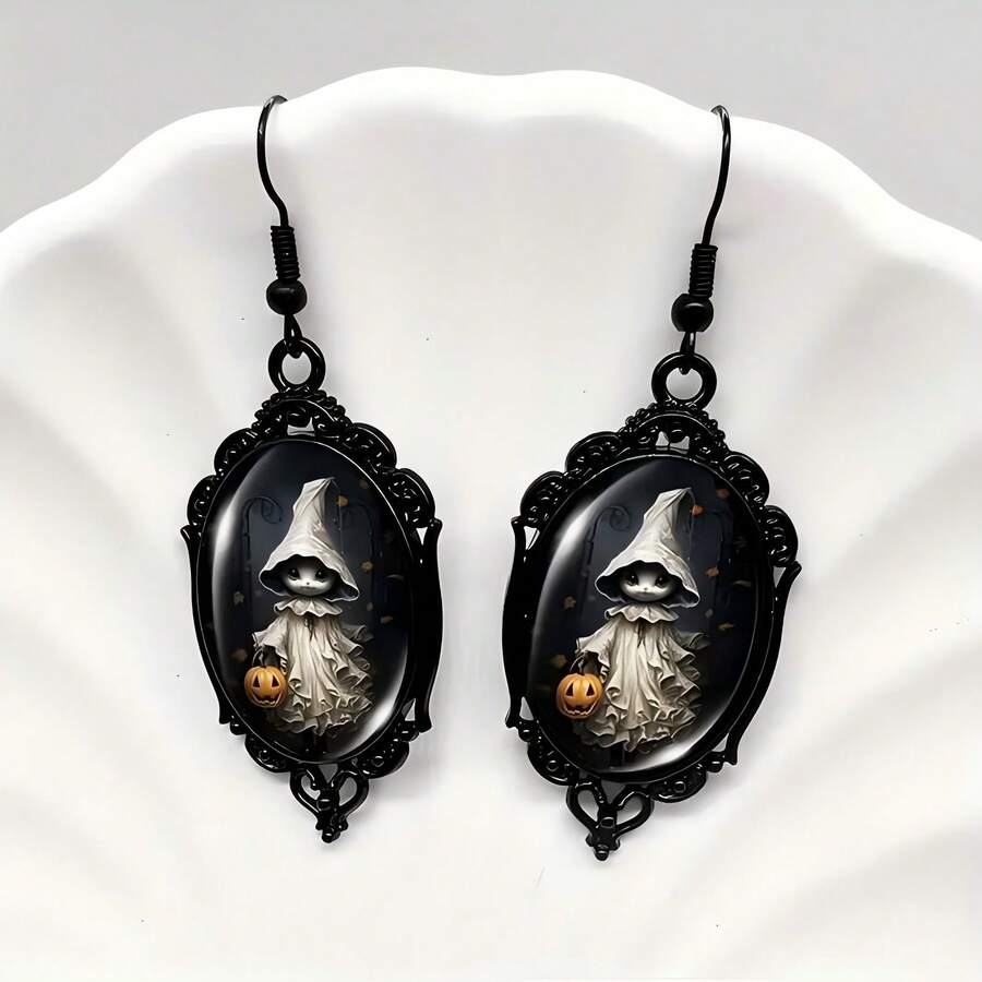 Wis Funky Ghost & Pumpkin Black Lace Dangle Earrings - Glass Inlay, Alloy With Iron Posts For Men Dangle Earrings For Women Halloween Gift