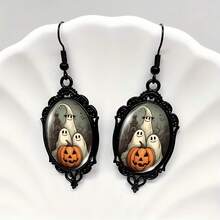 Wis Funky Ghost & Pumpkin Black Lace Dangle Earrings - Glass Inlay, Alloy With Iron Posts For Men Dangle Earrings For Women Halloween Gift