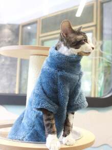 Áo len mùa đông mềm mại màu trơn ấm áp cho mèo, có 5 màu, phù hợp cho mèo Devon Rex và chó nhỏ - Màu xanh lam - Xem 4