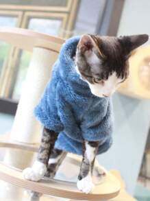 Áo len mùa đông mềm mại màu trơn ấm áp cho mèo, có 5 màu, phù hợp cho mèo Devon Rex và chó nhỏ - Màu xanh lam - Xem 5