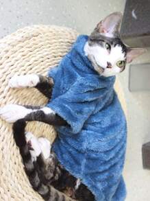Áo len mùa đông mềm mại màu trơn ấm áp cho mèo, có 5 màu, phù hợp cho mèo Devon Rex và chó nhỏ - Màu xanh lam - Xem 7