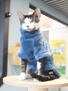 Áo len mùa đông mềm mại màu trơn ấm áp cho mèo, có 5 màu, phù hợp cho mèo Devon Rex và chó nhỏ - Màu xanh lam - Xem 6