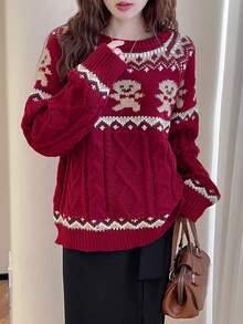 Áo len cổ tròn tay dài họa tiết hoạt hình dễ thương màu đỏ Giáng sinh cho nữ, Thu/Đông - Đỏ - Xem 4