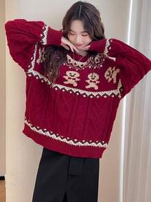 Áo len cổ tròn tay dài họa tiết hoạt hình dễ thương màu đỏ Giáng sinh cho nữ, Thu/Đông - Đỏ - Xem 3