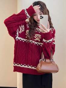 Áo len cổ tròn tay dài họa tiết hoạt hình dễ thương màu đỏ Giáng sinh cho nữ, Thu/Đông - Đỏ - Xem 1