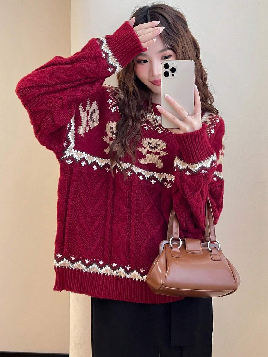 Áo len cổ tròn tay dài họa tiết hoạt hình dễ thương màu đỏ Giáng sinh cho nữ, Thu/Đông - Đỏ - Xem 1