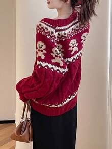 Áo len cổ tròn tay dài họa tiết hoạt hình dễ thương màu đỏ Giáng sinh cho nữ, Thu/Đông - Đỏ - Xem 2