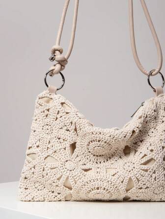 花卉镂空编织包，波西米亚风单肩包，假日休闲草编包，金属圆扣腋下包，沙滩风手提包（图案随机），夏季度假包，海滩度假、旅行、购物和度假必备的完美选择，夏季吸睛沙滩包，女士最热沙滩包，沙滩必需品，沙滩必备品，沙滩用品和夏季必备品，最新度假包