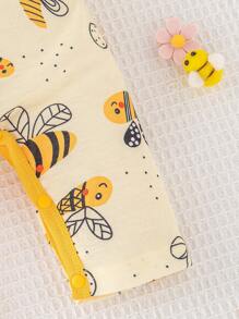 2pcs/Set Baby Girl Long Sleeve Flared Cartoon Bee Printed Romper & Hair Scrunchie