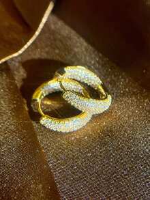 Women's Hoop Earrings, Oval Drop Shape, Studded With Zirconia Stone, 18k Gold Plated And 925 Silver - 金色 - 查看 3