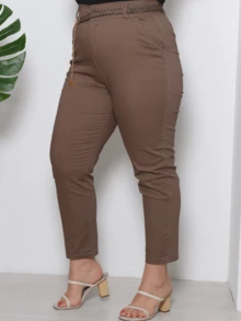 Women's Plus Size Denim Twill Elastane Pants With Belt 3RD SD1203 - Màu Khaki - Xem 3