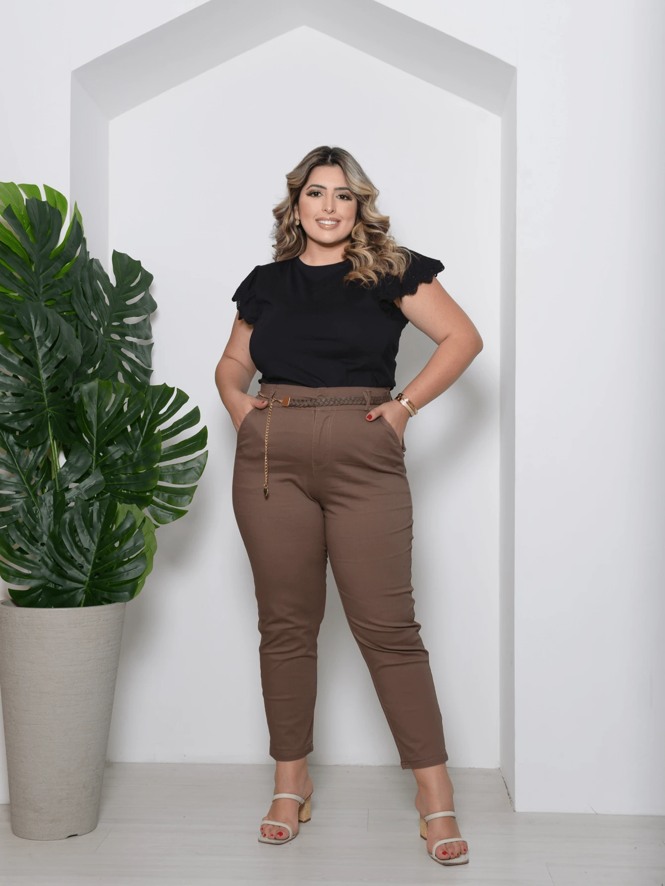 Women's Plus Size Denim Twill Elastane Pants With Belt 3RD SD1203 - Màu Khaki - Xem 1