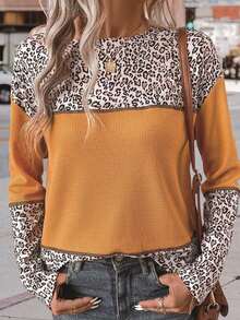Plus Size Fashion Leopard Print Color Block Long Sleeve T-Shirt - Yellow - View 3