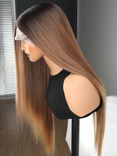 Ombre Brown Straight Hair Wig, Synthetic Lace Front Wig, 13x4*1 T-Part Synthetic Lace Wig, Pre-Plucked 30 Inch Long Straight Hair Wig, Silky Straight Hair Wig, Dark Brown Mixed Root Wig, Suitable For Beginners, Halloween