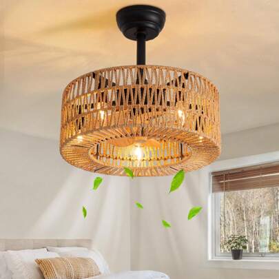 Boho Caged Ceiling Fan, Rattan Low Profile Ceiling Fan With Lights And Remote Control, Farmhouse Fandelier For Bedroom Kitchen Living Room